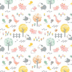 Flanellstoff Meterware White Barnyard Animals